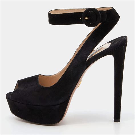 prada black suede peep toe platform sandals|Prada ankle strap platform sandals.